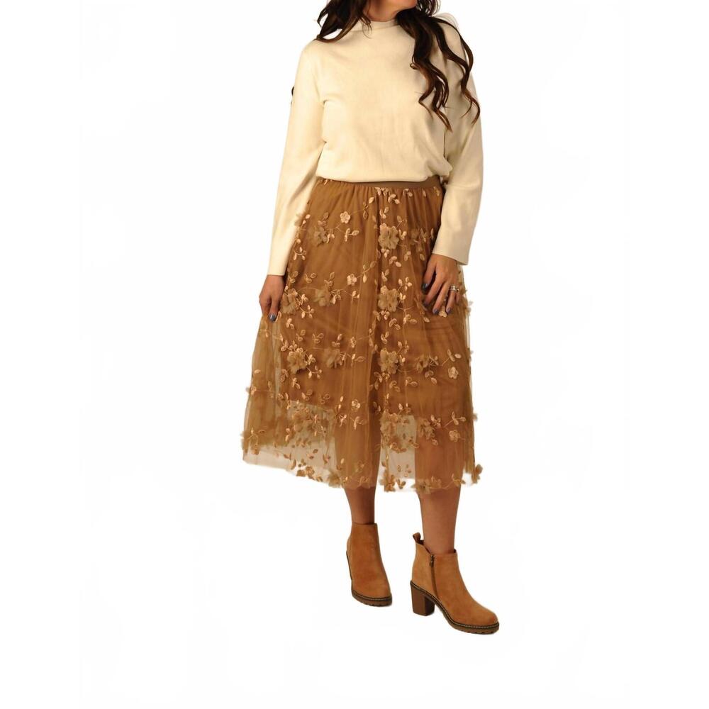 NEW PINCH whimsical floral mesh midi skirt in brown